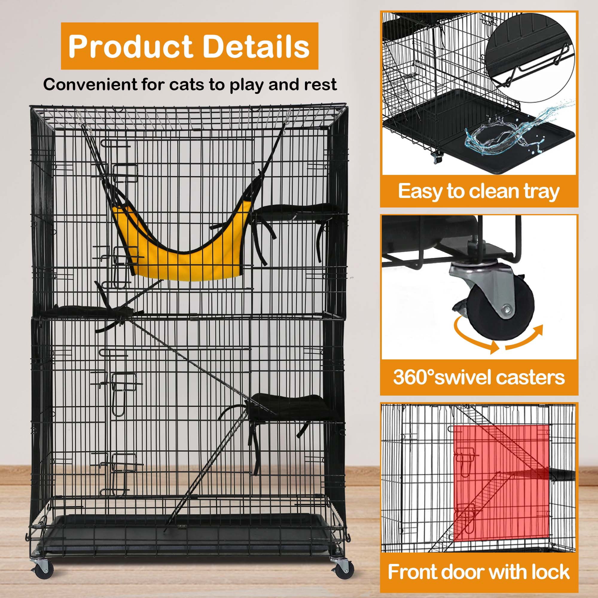 YRLLENSDAN 4-Tier Large Cat Cage， Ferret Chinchilla Cage Playpen Crate Enclosure Kennel Cat Home on Wheels Cat Cages and Playpens Indoor Outdoor 3X Ramp Ladders/1x Hammock