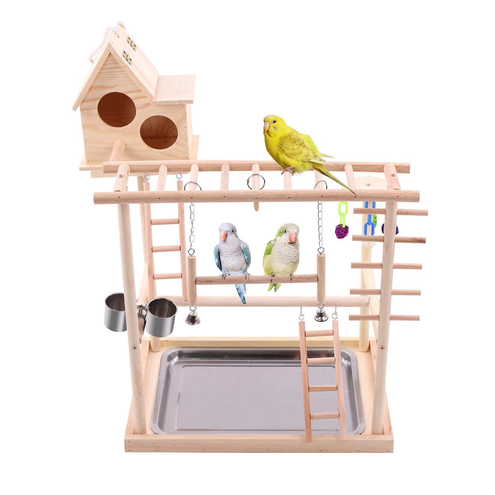 QBLEEV Bird's Nest Bird Perches Play Stand Gym Parrot Playground Play gym Playpen Play stand Swing Bridge Tray Wood Climb Ladders