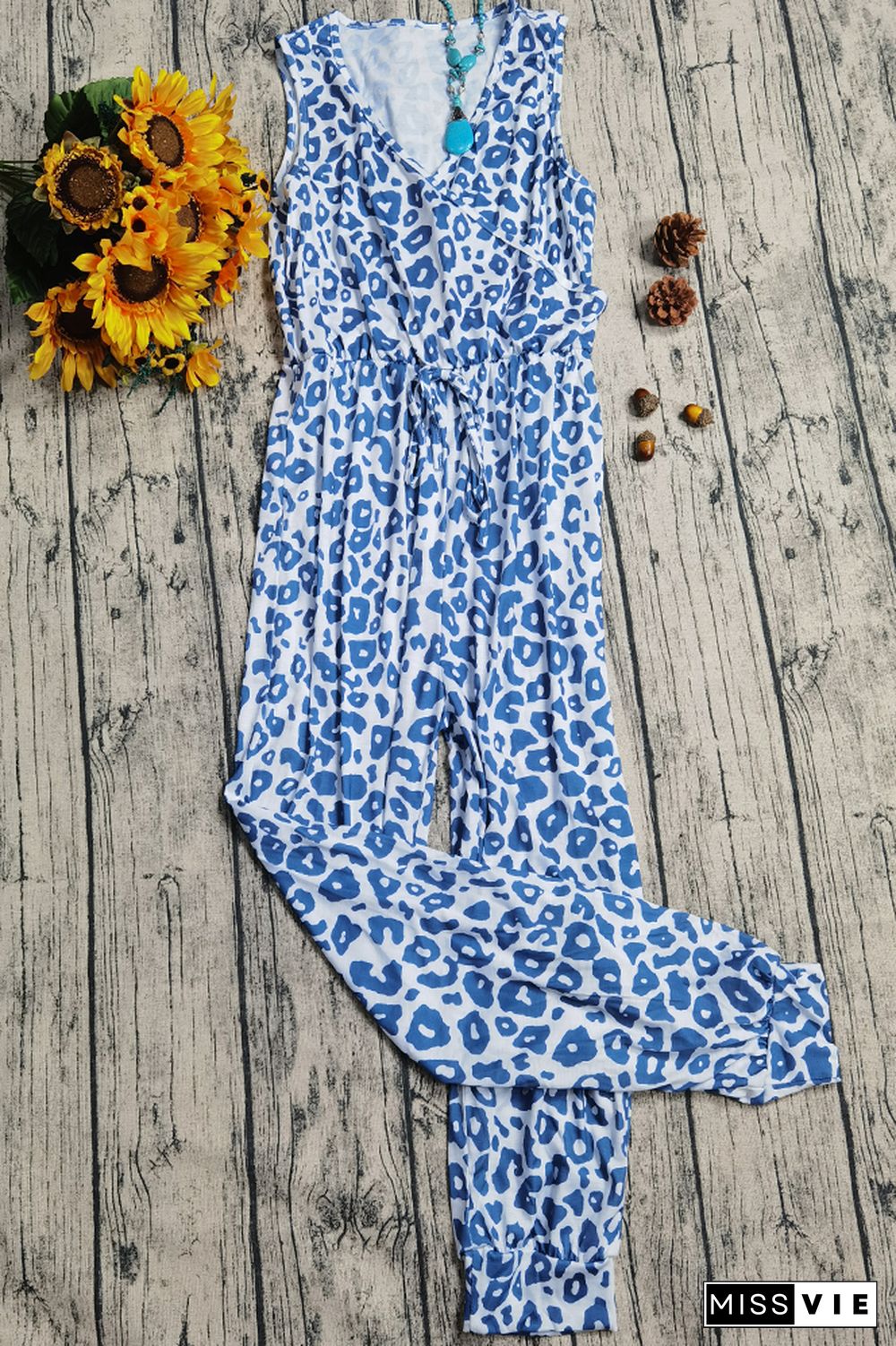 Leopard Floral Print Drawstring V-neck Sleeveless Jumpsuit