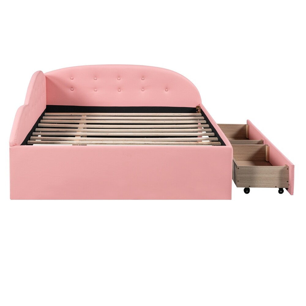 Pink Full Size PU Upholstered Tufted Daybed Wood Platform Bed Frame