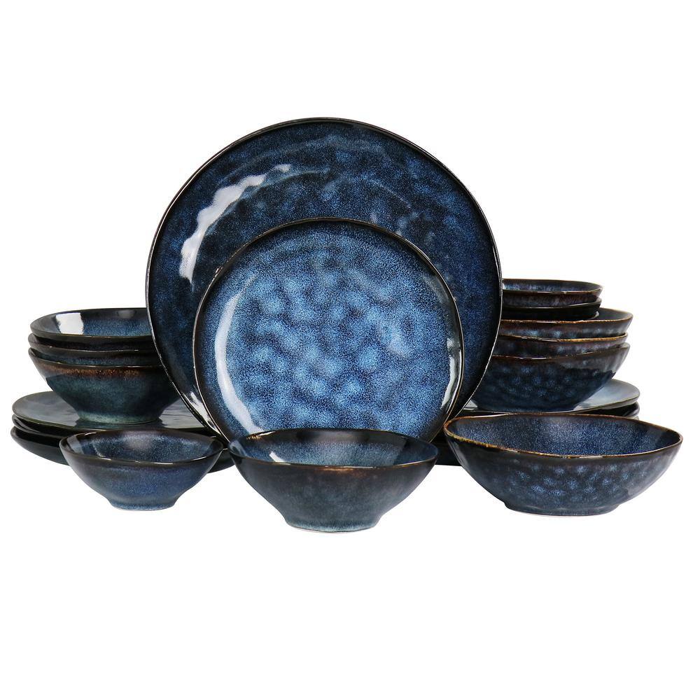 Elama Lucca 20-Piece Blue Round Stoneware Triple Bowl Dinnerware Set 985115043M