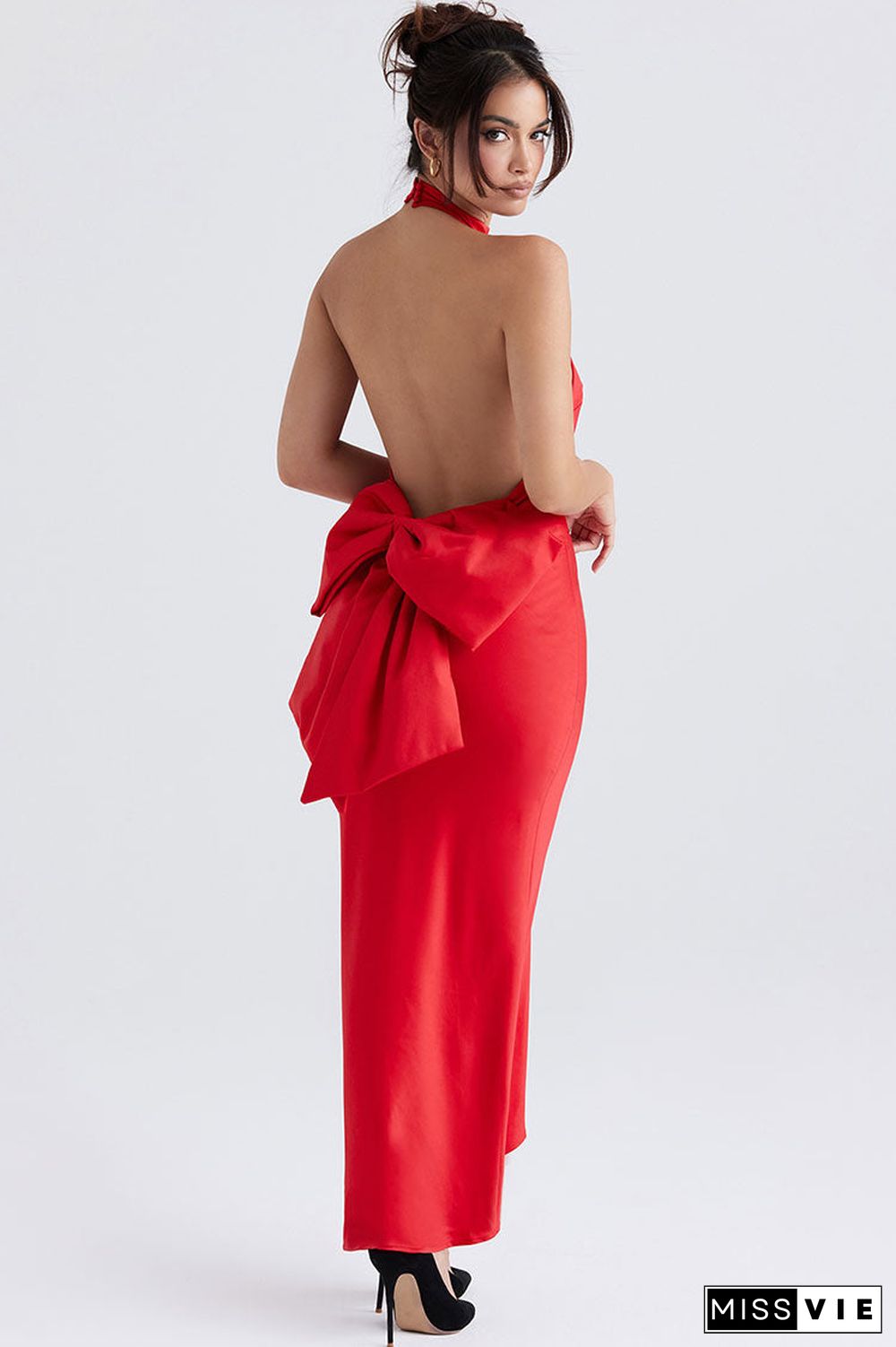 Holiday Oversized Bowknot Backless Halter Satin Evening Maxi Dress - Red