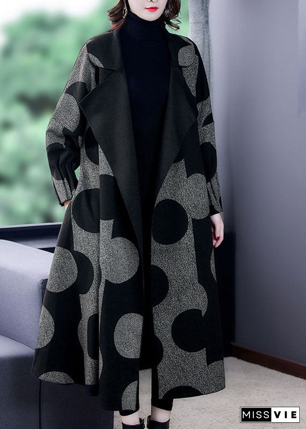 Boutique Black Patchwork Dot Print Loose Fall Long sleeve Coat