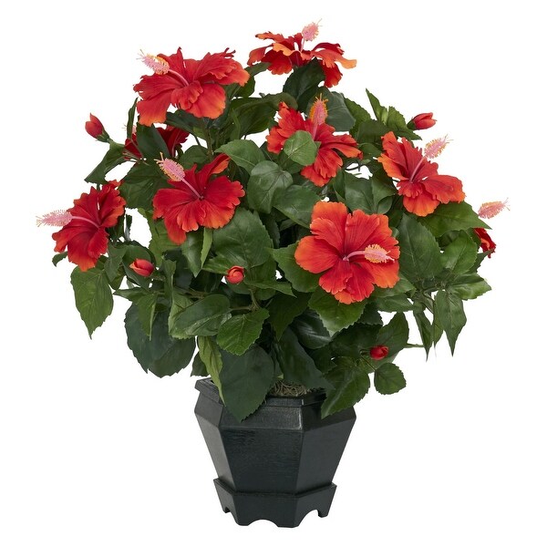 Hibiscus with Black Hexagon Vase Silk Plant