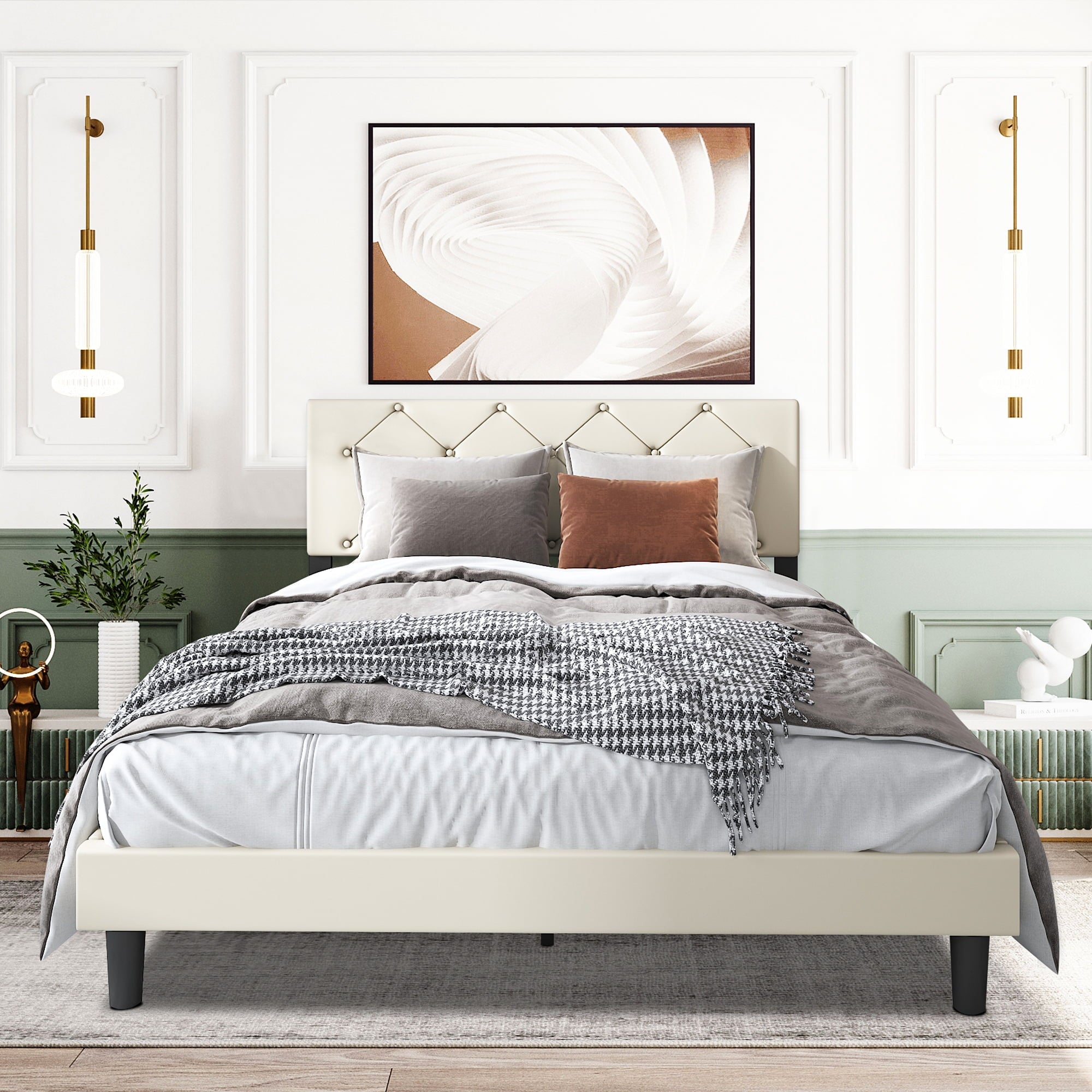 uhomepro Beige Queen Bed Frame for Adults Kids, Modern Faux Leather Upholstered Platform Bed Frame with Headboard, Queen Size Bed Frame Bedroom Furniture with Wood Slats Support, No Box Spring Needed