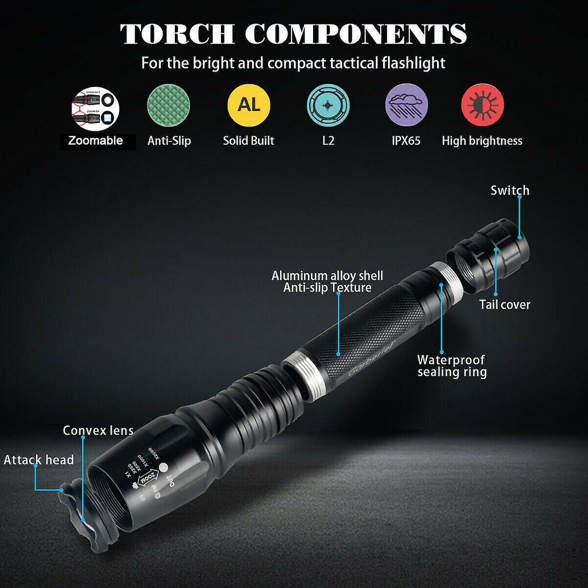 Tactical 90000lumens L2 Led Super Bright Camping Flashlight Torch+2*18650 Battery