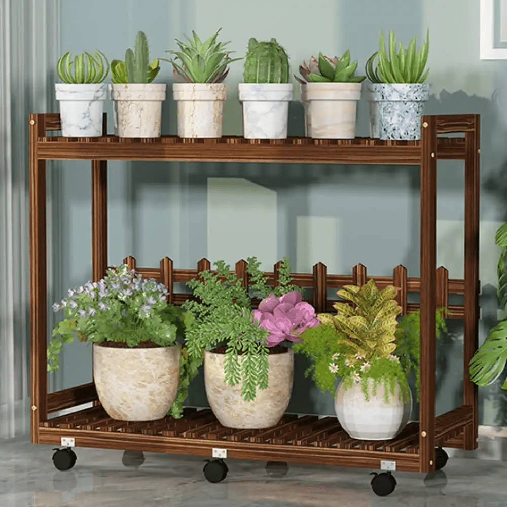 Magshion 2 Tier Pine Wood Plant Stand Cart with Caster Multiple Tall Planters Flower Pot Shelf Display Rack