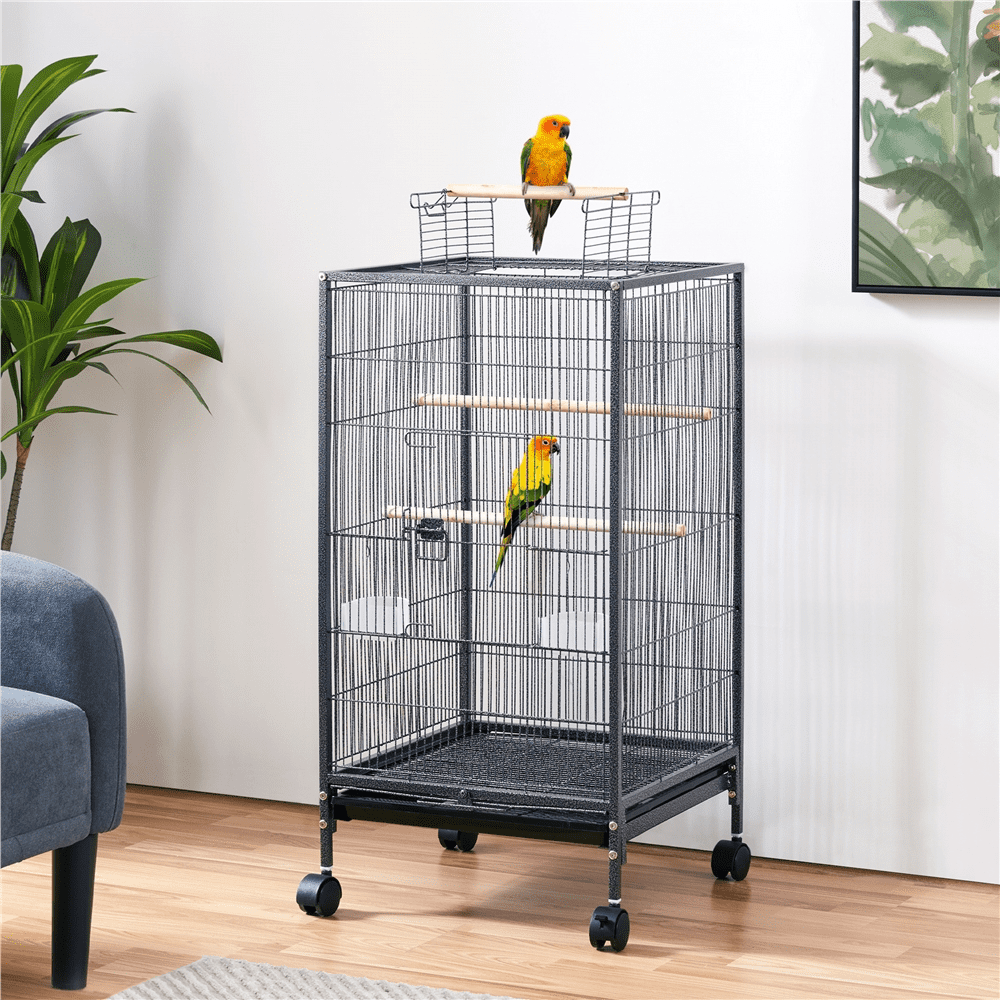 Easyfashion 40-Inch Open Top Parakeet Cage with Rolling Stand， Black