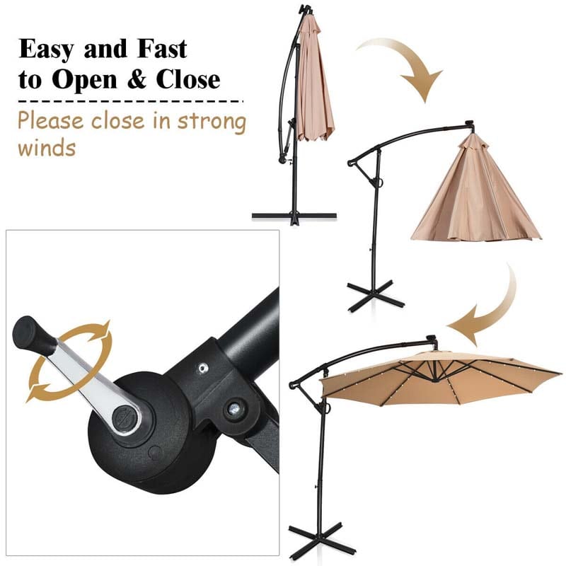 10 FT Patio Offset Umbrella with Solar Lights 360° Rotation Outdoor Market Umbrella with Crank Handle & Cross Base