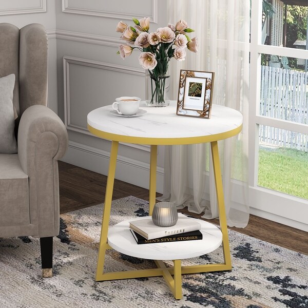 Round End Table， 2 Tier Side Table Nightstand with Storage for Living Room