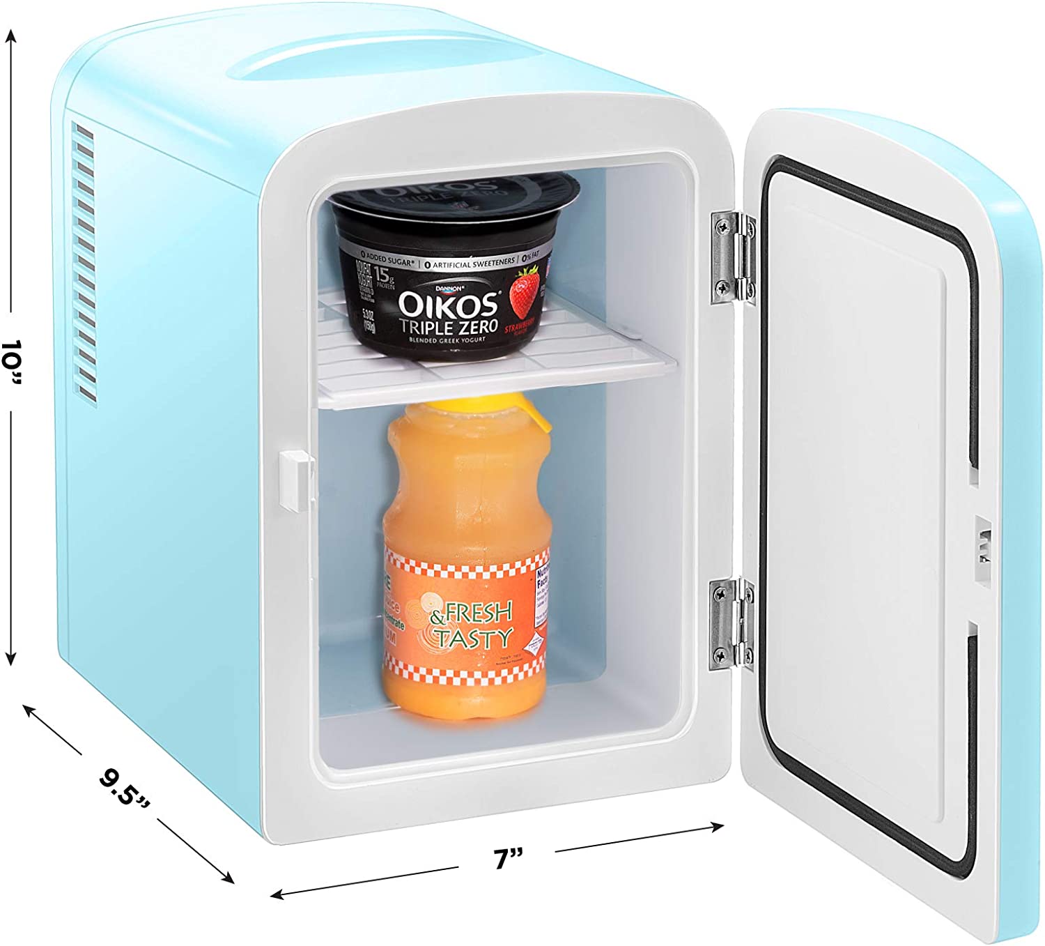 Chefman Mini Portable Blue Personal Fridge Cools Or Heats and Provides Compact Storage For Skincare， Snacks， Or 6 12oz Cans W/ A Lightweight 4-liter Capacity To Take On The Go