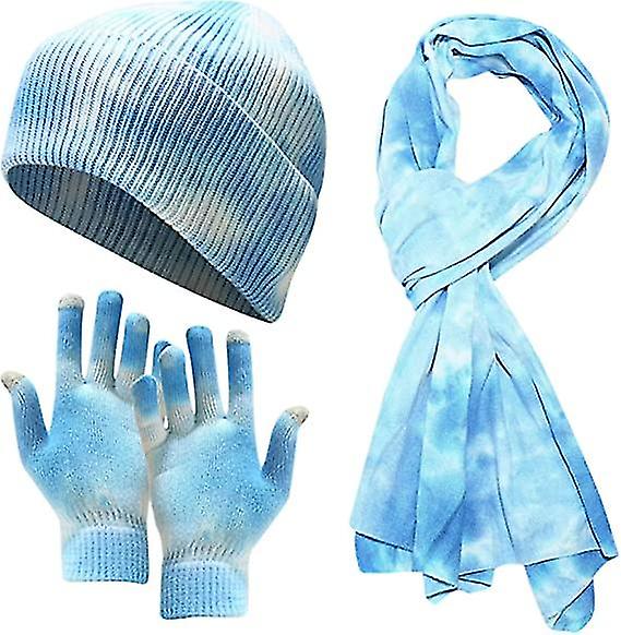 Windproof Cycling Scarf Women Printed Knitted Sets Adult Tie-dye Knit Winter Warm Gloves Hat Hat Men Hut3pcsblue