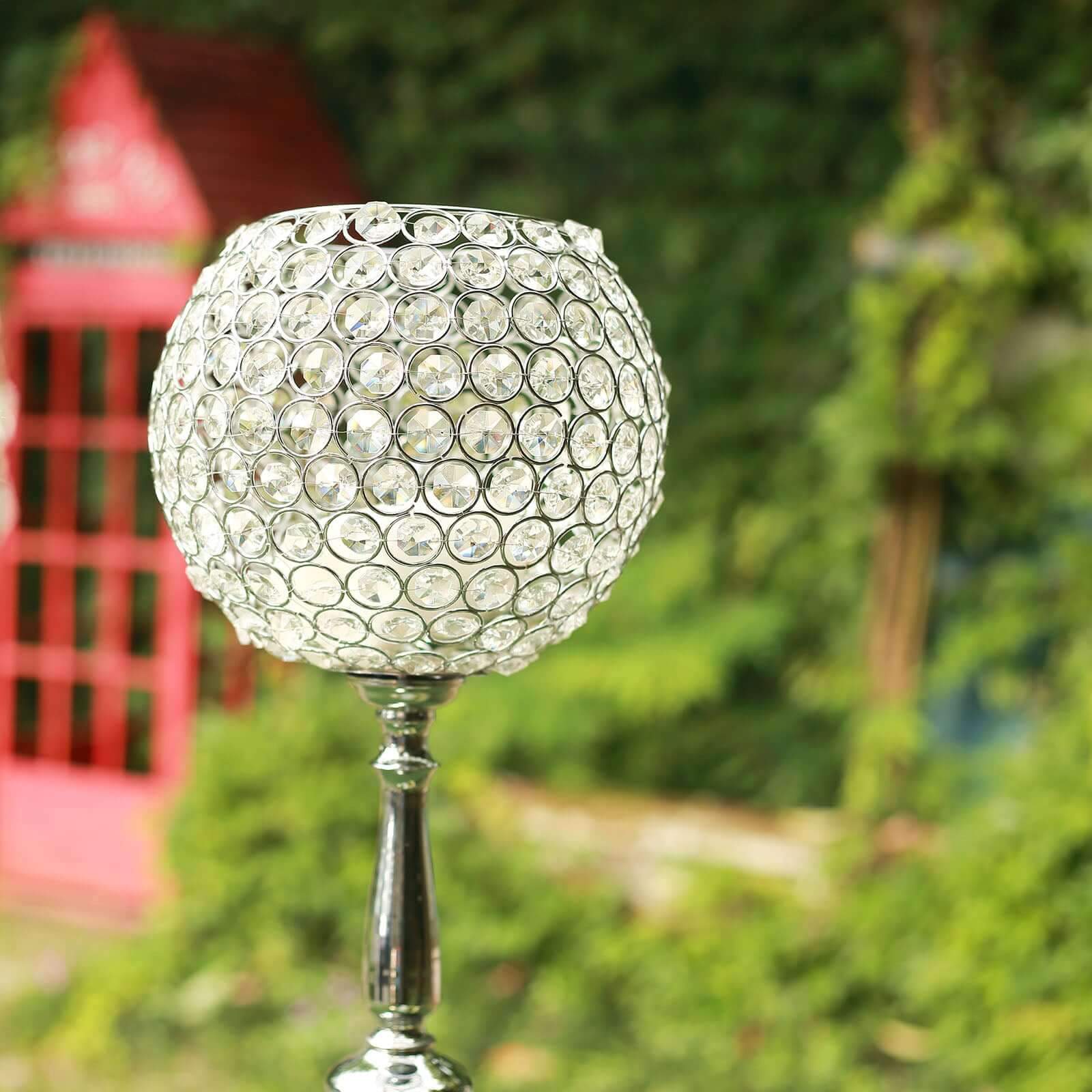 Silver Metal Acrylic Crystal Goblet Candle Holder, Flower Ball Stand 30