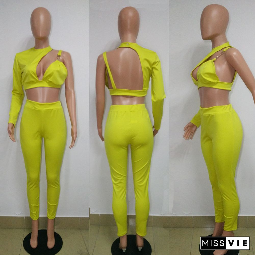 Sexy Single Sleeve Crop Top And Bodycon Pants 2 Pieces Suits