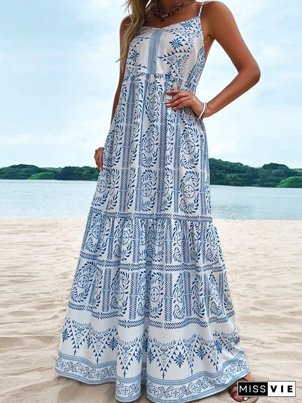 Sexy V Neck Sleeveless Chic Ethnic Boho Dress Summer Elegant Print Off Shoulder Long Party Dress Casual Sling A-Line Beach Dress