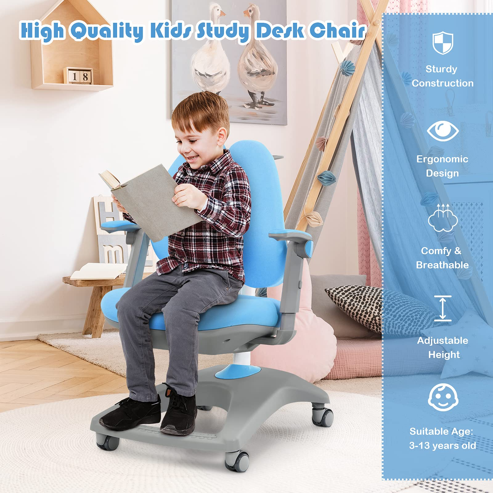 Costzon Kids Chair, Adjustable Height Student Chair w/Sit-Brake Casters