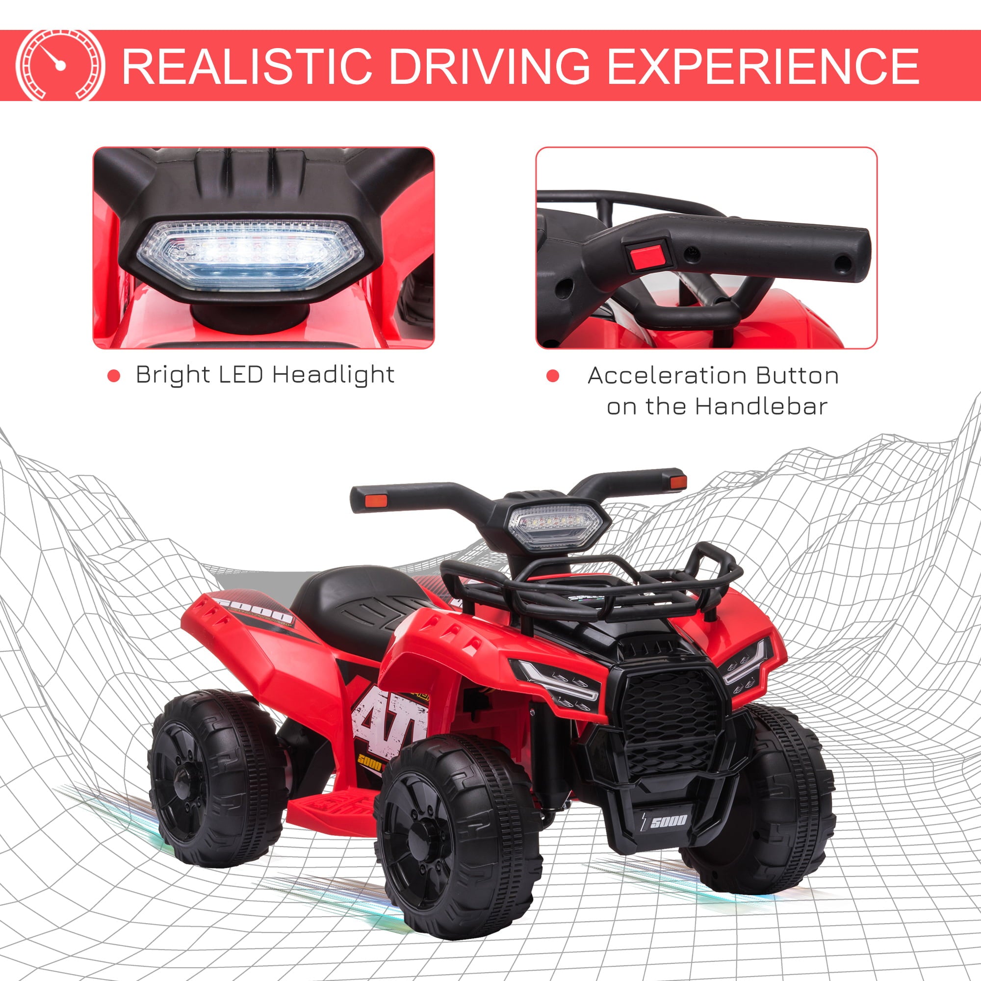 Aosom Kids Ride-on Electric Four Wheeler ATV, Quad w/ Working Headlights, Red