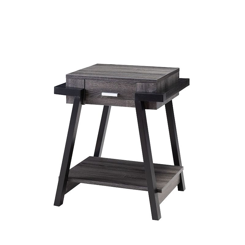 FC Design Distressed Grey and Black End Table with Drawer and Bottom Shelf