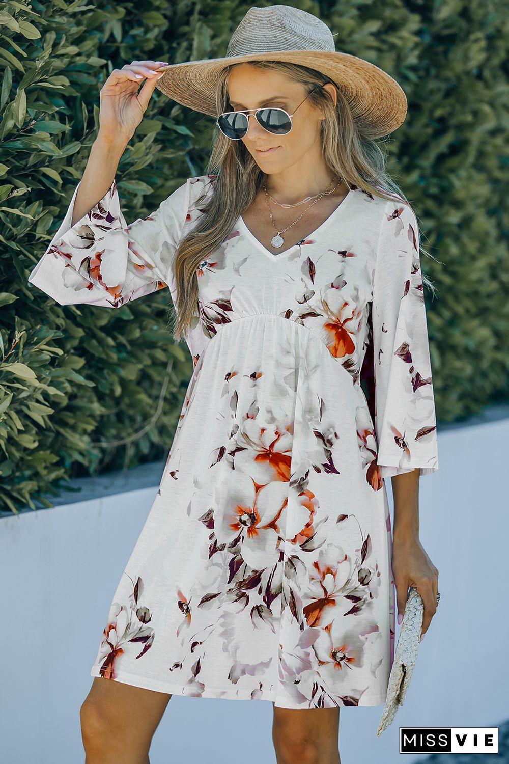 White V Neck 3/4 Sleeve Floral Dress