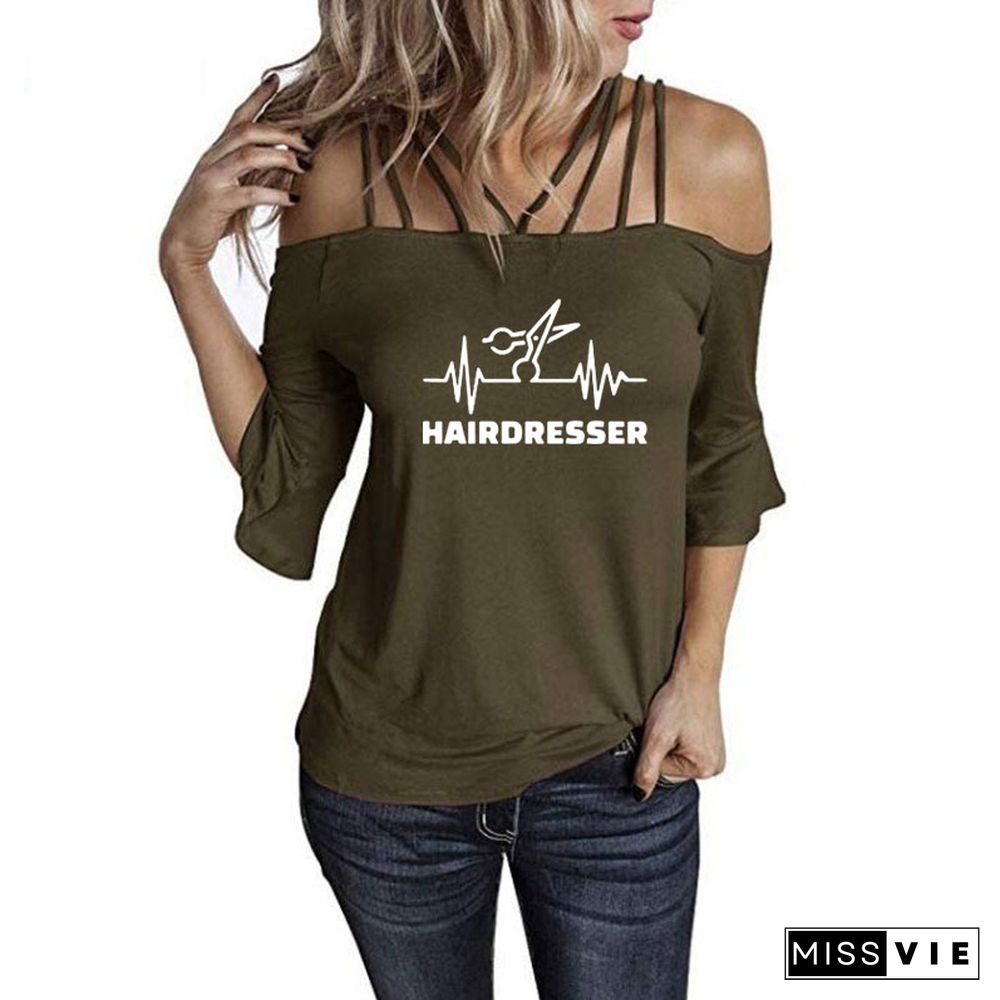 New Fashion Summer Heartbeat Hairdresser T Shirt Women Casual Cotton Short Sleeve GirlsShoulderSling Tee Tops