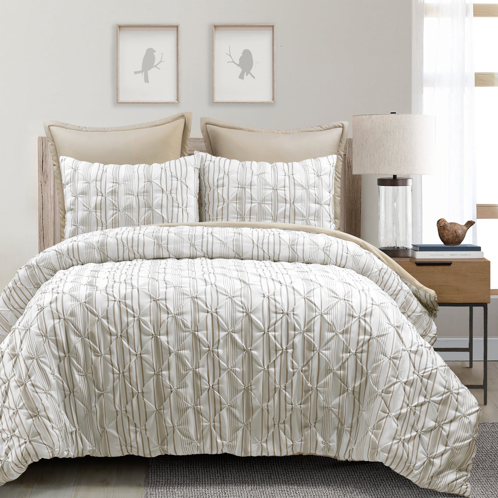 Bedding Bundle: Ravello Pintuck Stripe Comforter + Solid Kantha Pick Stitch Quilt/Coverlet