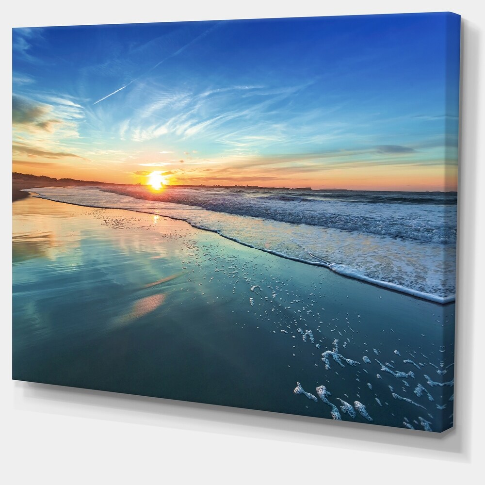 Blue Seashore with Distant Sunset   Seashore Canvas Wall Art