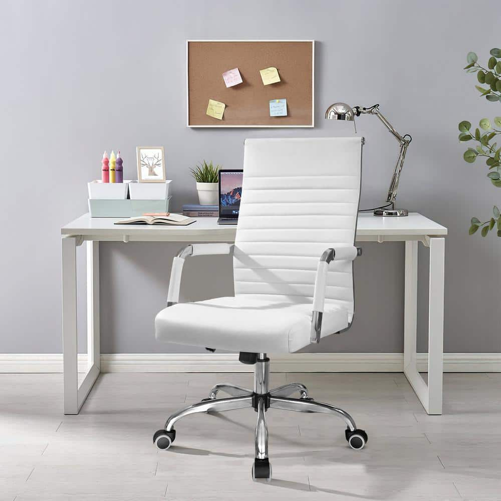 LACOO White Ribbed Office Mid-Back PU Leather Executive Task Chair with Arms T-OC0012