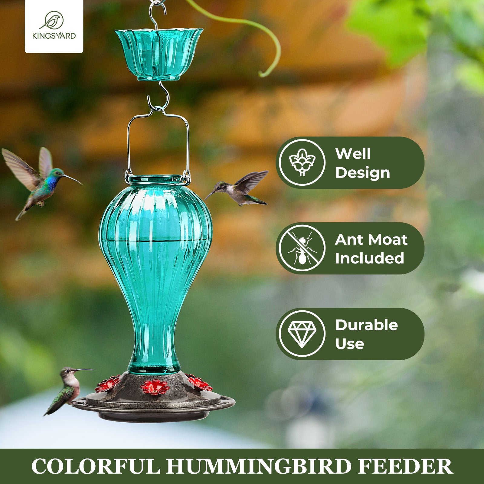 Kingsyard Glass Hummingbird Feeder 24 Ounces， 6 Feeding Ports， Hanging Bird Nectar Feeder for Outdoors Garden Yard Décor， Ant Moat Included， Turquoise