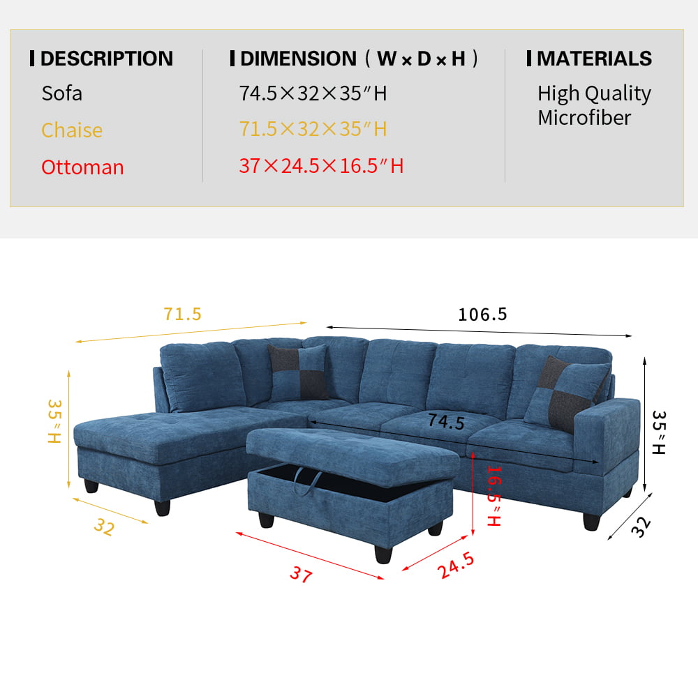 PonLiving Furniture L-Shape Sectional Sofa Couch Set, Morden Fabric Couch Set, with Right Hand Chaise Lounge, 2 Toss Pillows Included