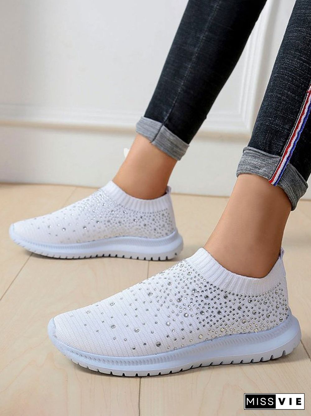 Rhinestone Design Portable Overfoot Lightweight Flyknit Sneakers