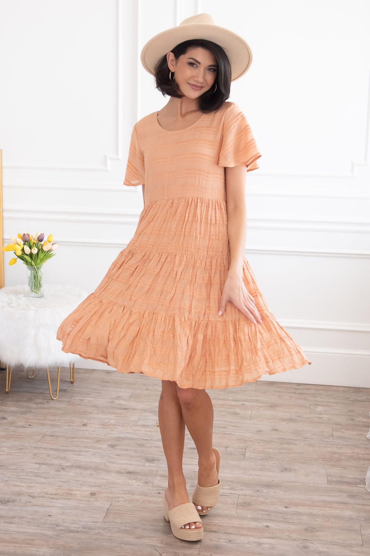 Short Sleeve Midi Dress-Apricot