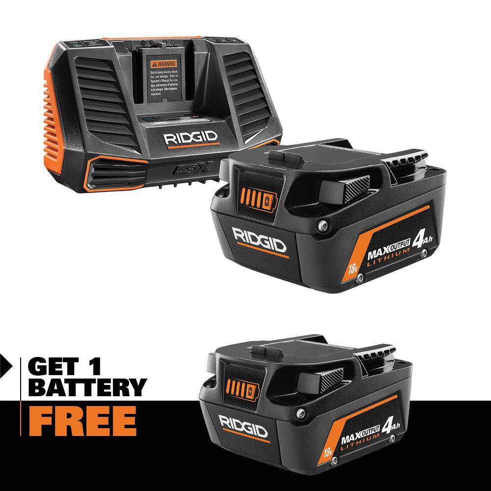 RIDGID 18V Lithium-Ion MAX Output (2) 4.0 Ah Batteries and Charger Kit AC9540-AC840040