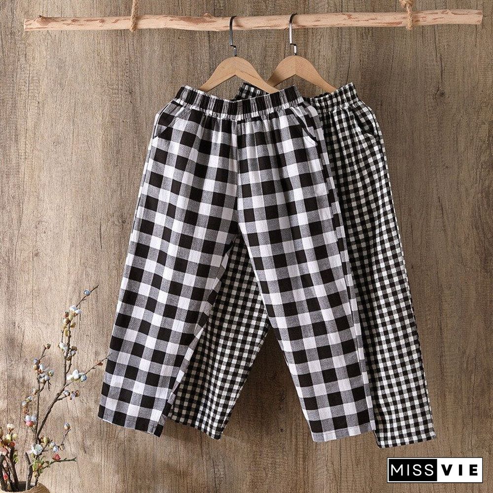 Summer Women's Capri Pants Loose Cotton Linen Black White Plaid Harem Pants Printed Elastic Waist Trousers Streetwear Women