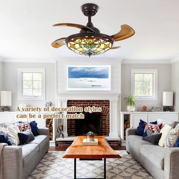 36'' Retractable  Ceiling Fan with Light and Remote Reversible Stained Chandelier Fan with Dimmable LED Light Shopping - The Best Deals on Ceiling Fans | 40911142