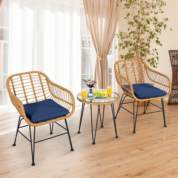 Costway 3PCS Patio Rattan Bistro Furniture Set Cushioned Chair Table