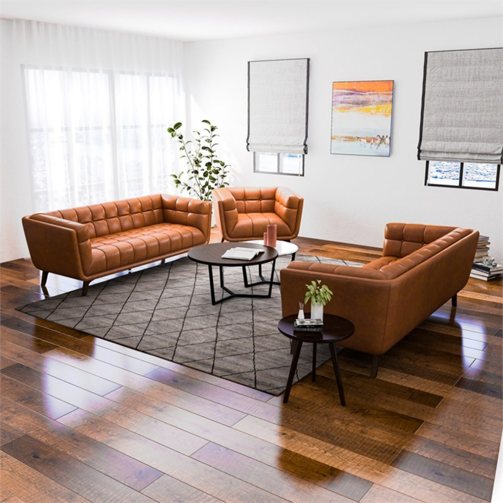 Kai Mid Century  Pillow Back Leather Living Room Set in Tan   Midcentury   Living Room Furniture Sets   by Homesquare  Houzz