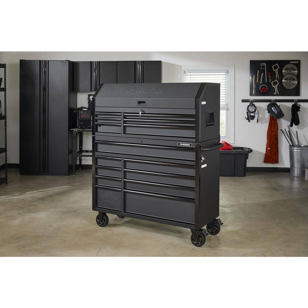 Husky 52 in. W x 21.5 in. D Heavy Duty 15-Drawer Combination Rolling Tool Chest Top Tool Cabinet with LED Light in Matte Black H52CH6TR9HDV3