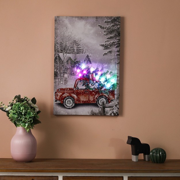 Luxenhome Holiday Christmas Vintage Truck Canvas Print With Lights Red