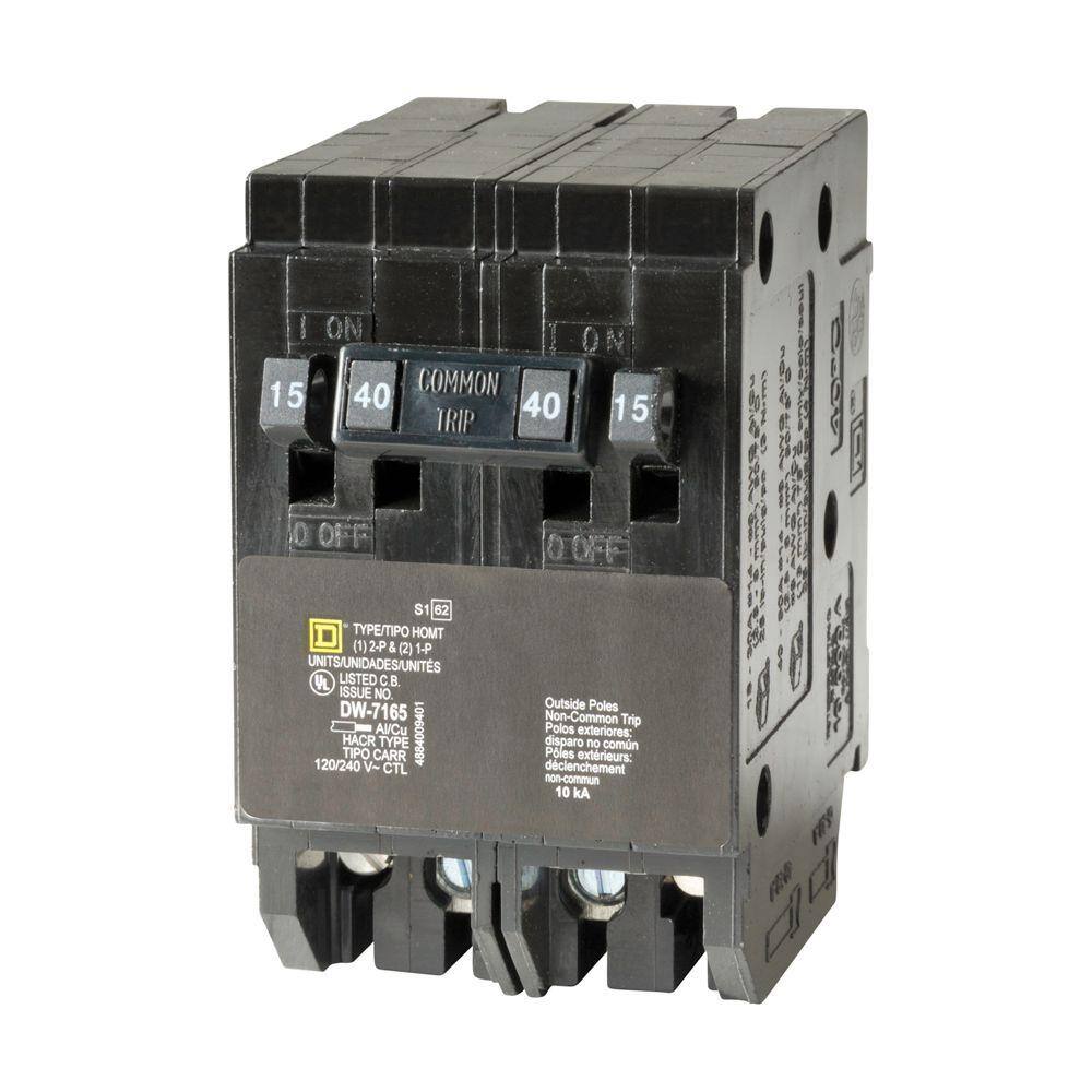 Square D Homeline (2) 15 Amp Single-Pole (1) 40 Amp 2-Pole Quad Tandem Circuit Breaker HOMT1515240CP