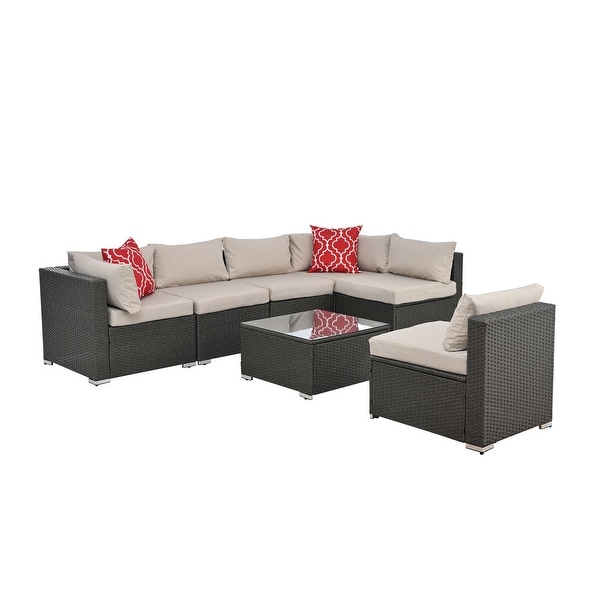 7Pcs Outdoor Sectional Furniture Set，AllWeather PE Rattan Sectional Sofa Conversation Set w/ Coffee Table and Washable Cushions