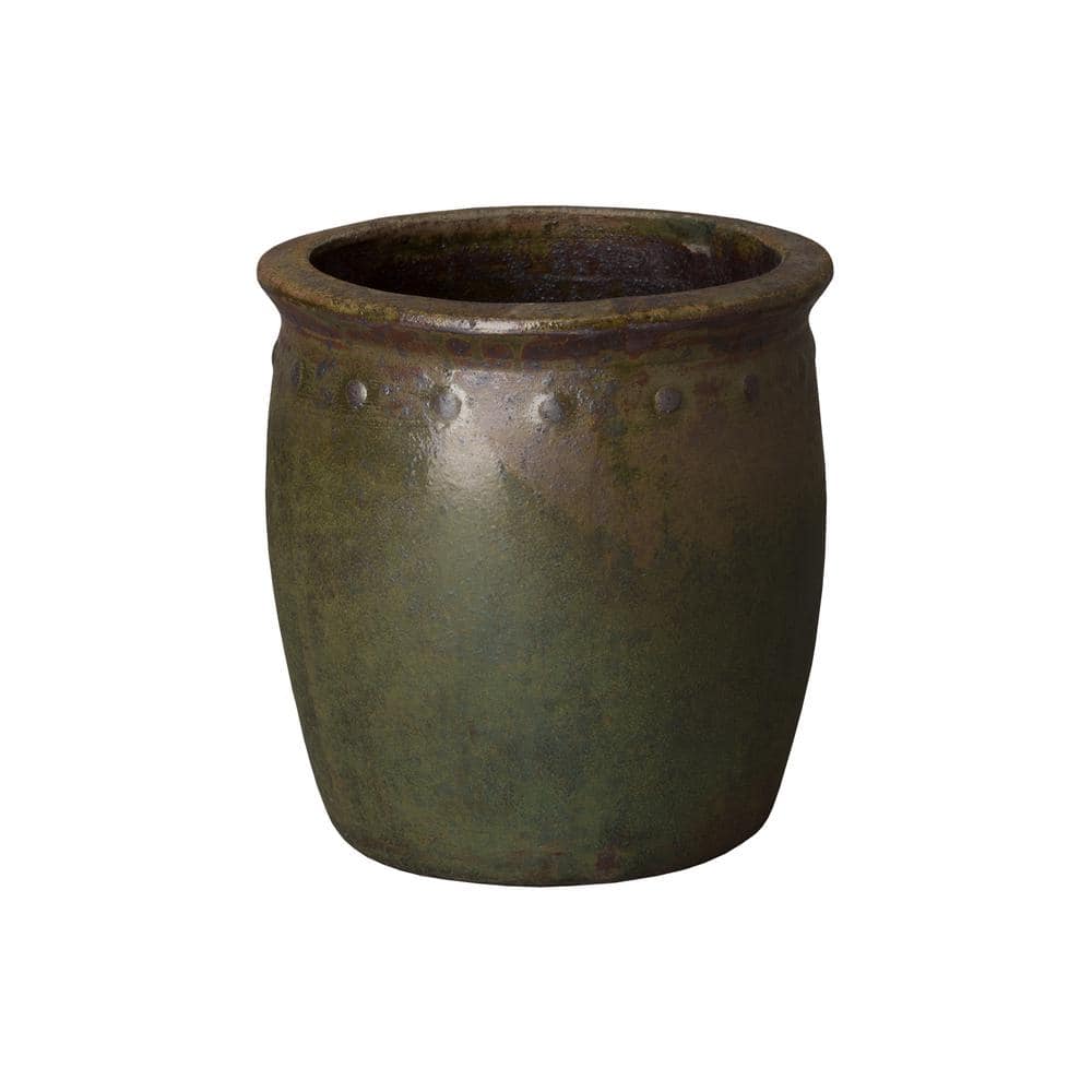 Emissary 15 in. D x 15 in. H Green Wash Ceramic Round Planter with Drainage Hole 12035GW-2