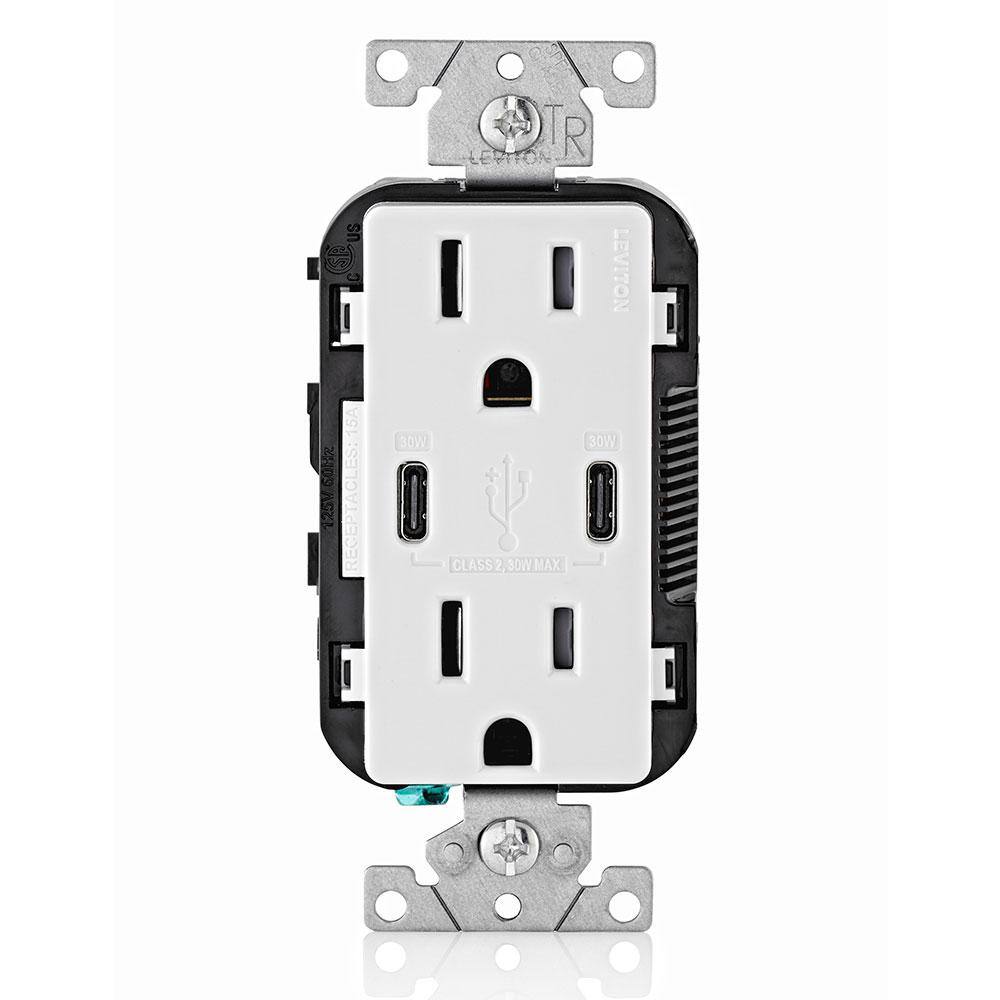 Leviton 15 Amp White Duplex Tamper-Resistant Outlets with 6 Amp USB Dual Type-C Power Delivery In-Wall Chargers R02-T5635-0BW