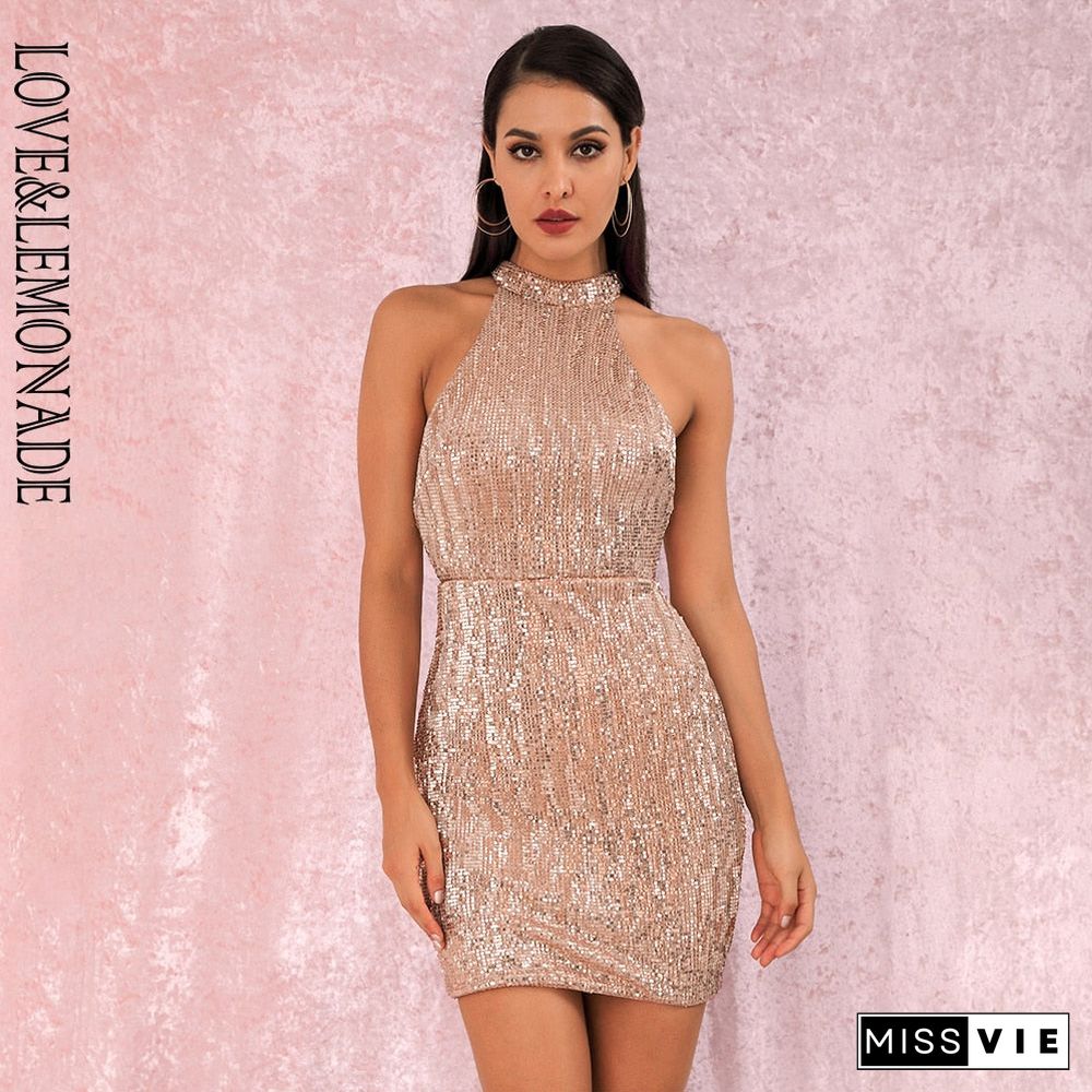 Love&Lemonade Rose Gold Sexy Open Back Halter Dry Shoulder Slim Elastic Sequin Mini Party Dress Lm80492Mini