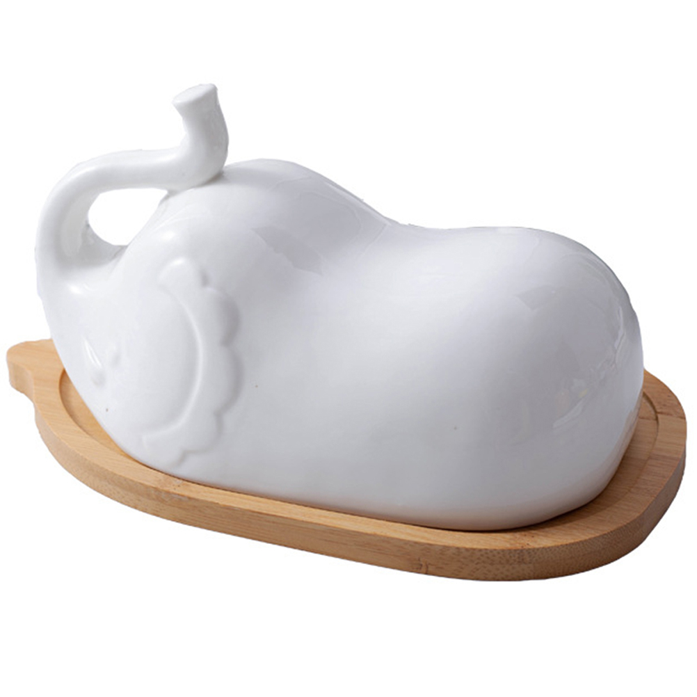 Elephant Shape Butter Dish with Ceramic Lid Simple Wooden Plate Household Tableware for Home Hotel