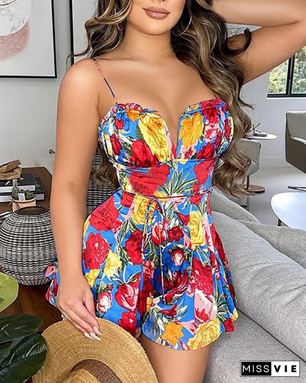 Floral Print Tied Detail Frill Hem Romper