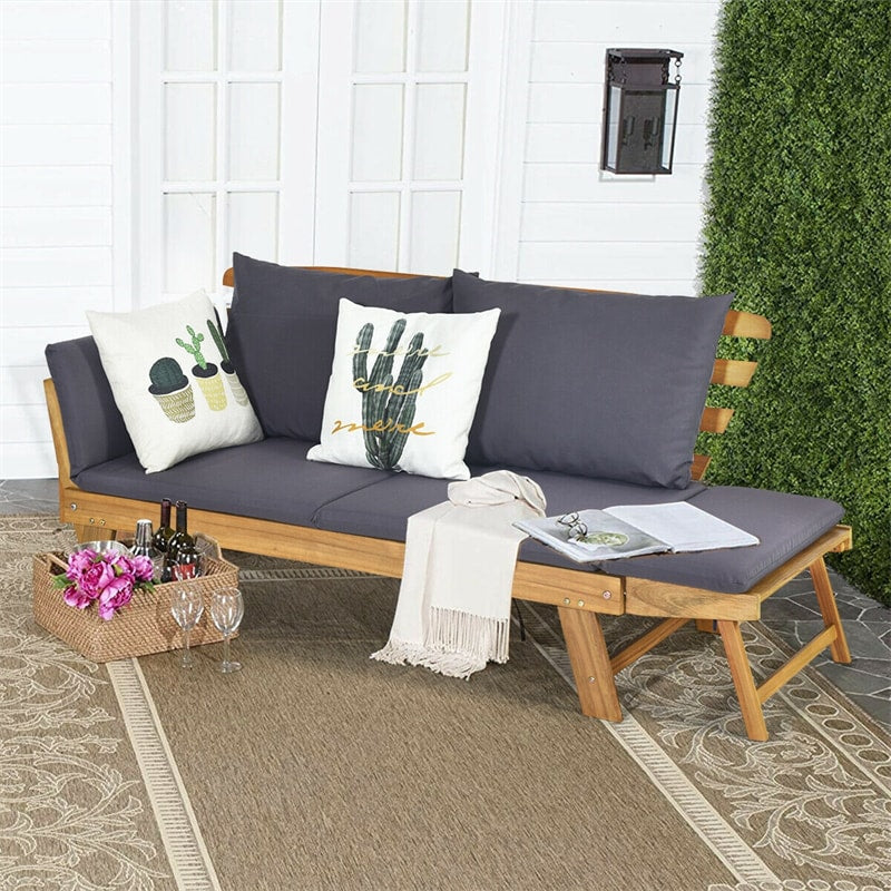 Outdoor Daybed Acacia Wood Convertible Couch Sofa Bed with Adjustable Armrest & Cushion