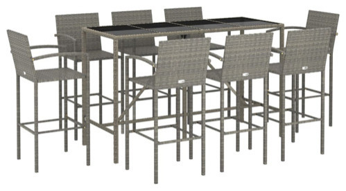 vidaXL Patio Bar Set 9 Piece Outdoor Table and Chair Set Gray Poly Rattan   Tropical   Outdoor Pub And Bistro Sets   by vidaXL LLC  Houzz