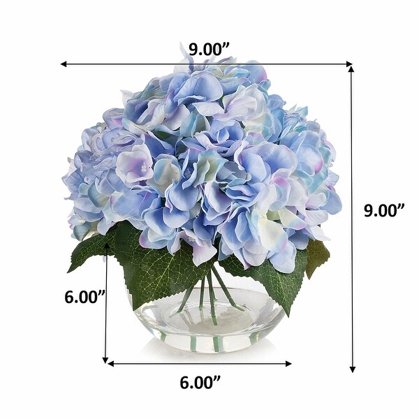 Hydrangea Artificial Flowers in Round Glass Vase with Faux Water，Silk Flower Arrangements in Vase for Home Decor，Wedding Table