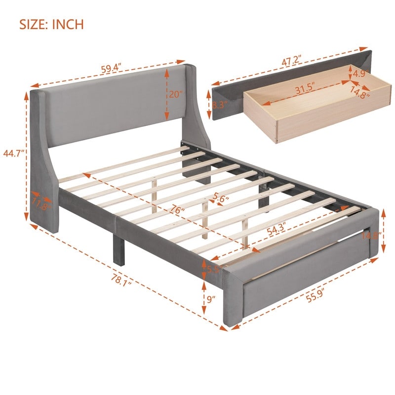 Full Size Bed Frame with A Storage Drawer  Velvet Upholstered Platform Bed with Wingback Headboard and Slat Support