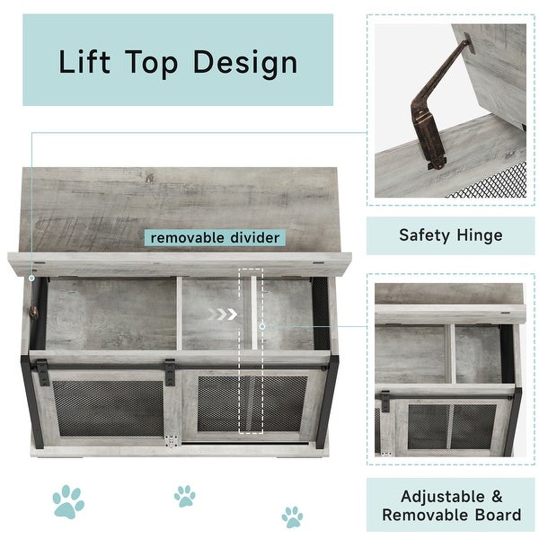 37'' Sliding Barn Door Dog Crate Furniture with Flip Top and Movable Divider， Wooden Dog Crate Table